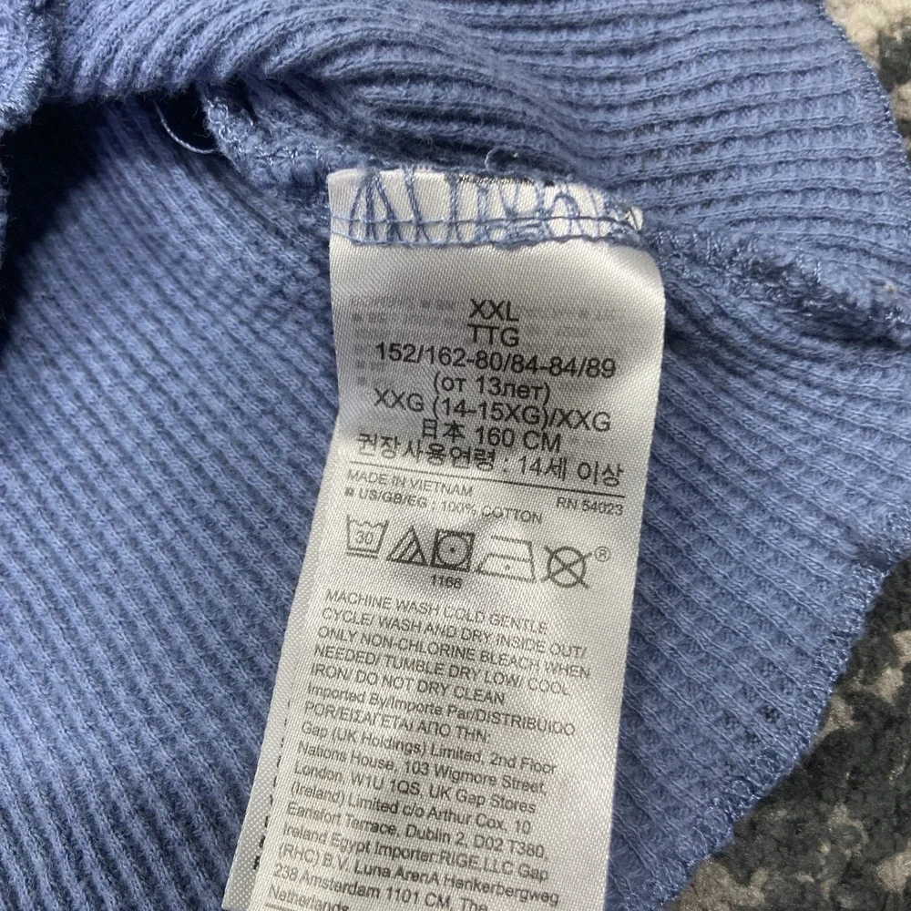 Gap Waffle Knit T Shirt Unisex Kids 2XL Blue Cotton Floral Lettuce Edge Hem Warm